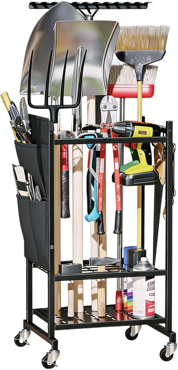 Garden Tool Organizer with Pockets, Rolling Yard Tool Storage Rack with 2 Hooks and Lockable wheels, Black