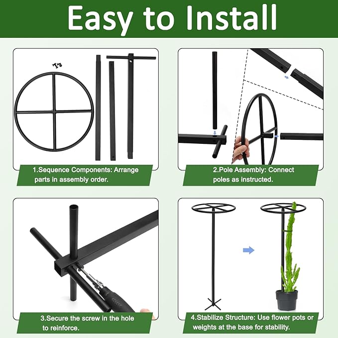 1 Pcs Adjustable Round Metal Dragon Fruit Plant Trellis 12" x 12" x 50" Durable Vertical Support Tower Plant Cage for Gardening Climbing Plants Trees Cactus Outdoor Garden, Installation Required