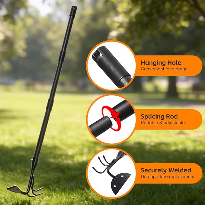 52" Heavy Duty 2-in-1 Hoe & Tiller Rake Garden Tool, 3-Tine Cultivator for Weeding and Soil Loosening, Long Handle Stand Up Digging Tool for Gardening and Planting