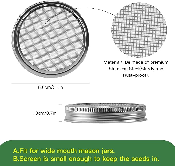 Sprouting Lids Growing Kit - 316 Stainless Steel Sprouting Lids for 86mm Wide Mouth Mason Jar with Stands & Blackout Sleeves - Organic Sprouts, Broccoli, Alfalfa Sprout Kit (Set of 4)