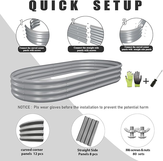 6 Pack 6x3x1FT Galvanized Raised Garden Bed Kit Oval Metal Ground Planter Box Outdoor Bottomless Planter Raised Beds for Vegetables Flowers Herbs Fruits, Gray