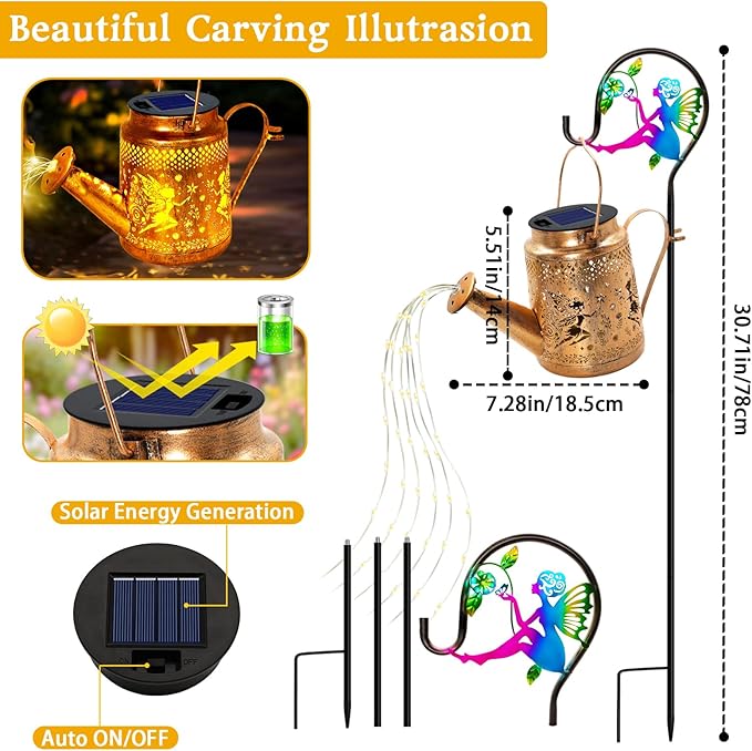 ANGMLN Fariy Solar Lights Outdoor Waterproof, Solar Watering Can Lights with Shepherd Hook, Metal Angel Hanging Lantern Garden Decor Yard Outside Patio Lawn, Gifts for Mom Grandma Women Birthday