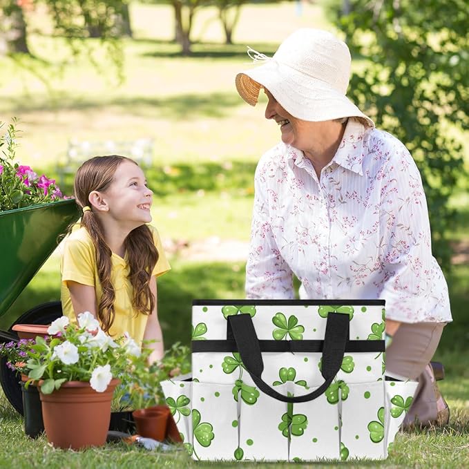 Clover Gardening Tool Bag,Heavy Duty Garden Tote Bag,Portable Oxford Leaf Gardening Storage Basket Organizer Handbag with Pockets Handle,Hand Tools Gifts for Outdoor Garden Lawn Yard