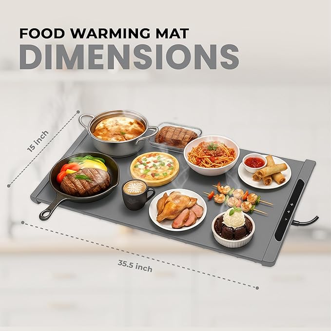 26"x15" Dark Gray Electric Food Warming Silicone Mat - 10 sec Fast & Even Heating Tray - Upto 10 Hrs Timer, 50-100°C Adjustable Temp, Child Lock & Safety Edge, Portable Warmer Pad for Kitchen & Buffet