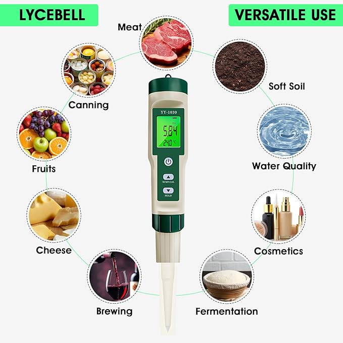 Digital pH Meter for Food, pH Tester Probe for Sourdough Bread Dough, Meat, Cheese, Fruit, Cosmetics, Water, Smart Lab pH Test kit Pen with ATC, Temperature Backlit Display for Solids Liquids Soil