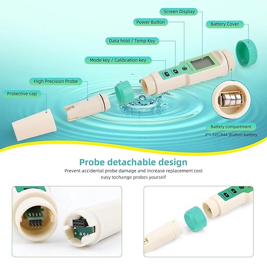Hydrogen Water Tester, 4-in-1 pH H2 ORP Temp Meter, High Accuracy Hydrogen Tester for Water, Portable ORP Meter for Drinking Water, Aquarium, Hydrogen Water Bottle, Home and Lab Use, Pool