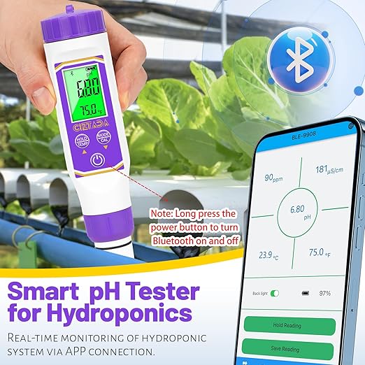 Smart pH Meter for Water pH and EC Meter for Hydroponics Nutrients Digital pH and PPM Tester for Reservoir Water 4 in 1 pH EC TDS Temp Tester for Indoor Plant Growing, DWC, Pool, Aquariums