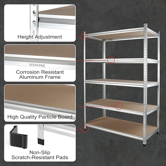 WORKPRO 5-Tier Storage Shelving Unit, 48”W x 24”D x 72”H, Adjustable Storage Rack Heavy Duty Aluminum Alloy Shelf, 2750 lbs Load Capacity (Total), for Garage, Kitchen, Warehouse,2 Pack