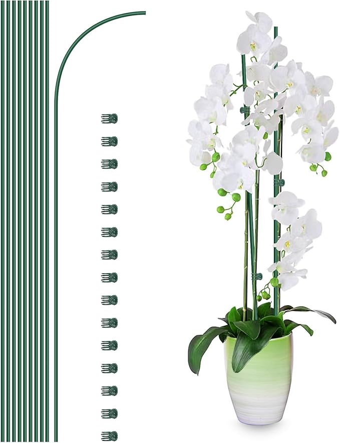 20Pcs Plant Support Stakes with 30 Pcs Plant Clips, Plant Sticks for Indoor and Outdoor Plants, Orchid Clips and Stakes,16inch Tall Bendable Single Stem Flower Stakes Bendable (20, Green-16inch)
