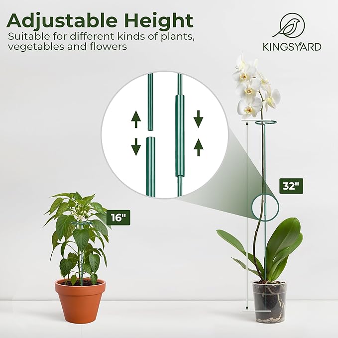 Kingsyard 10 Pack Plant Support Stakes - 4.5mm Thick Adjustable Sizes 16 or 32 Inch, Metal Plant Stakes for Indoor Plants or Outdoor Plants, for Garden Flowers Tomatoes Monstera