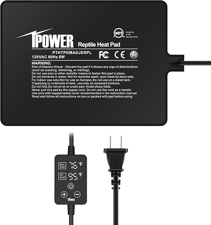 iPower 6 by 8 Inch 8W Reptile Heating Pad with Adjustable Thermostat, Under Tank Warmer Terrarium Heat Mat for Turtles/Snakes/Lizards/Frogs, and Other Reptiles