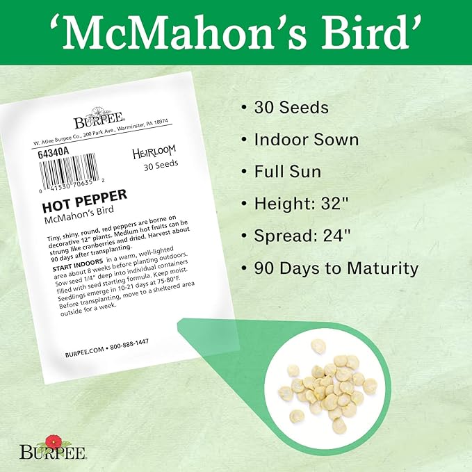 Burpee McMahon's Bird Pepper Hot Pepper Seeds 30 seeds
