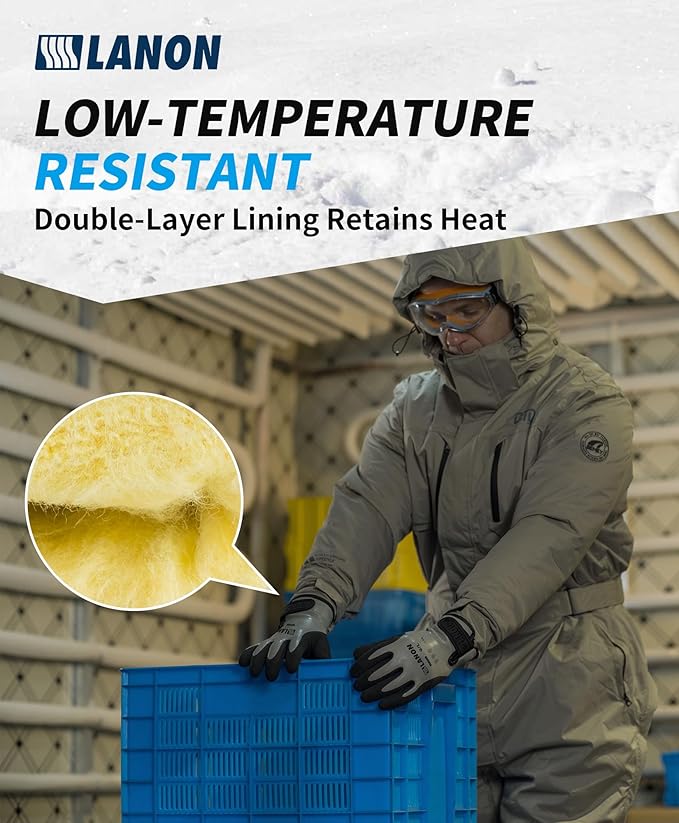 LANON Waterproof Winter Work Gloves, Double Latex Coated, Thermal Insulated Freezer Gloves for Cold Weather, Heavy Duty, Non-Slip Grip, Wrist Closure, Grey,L