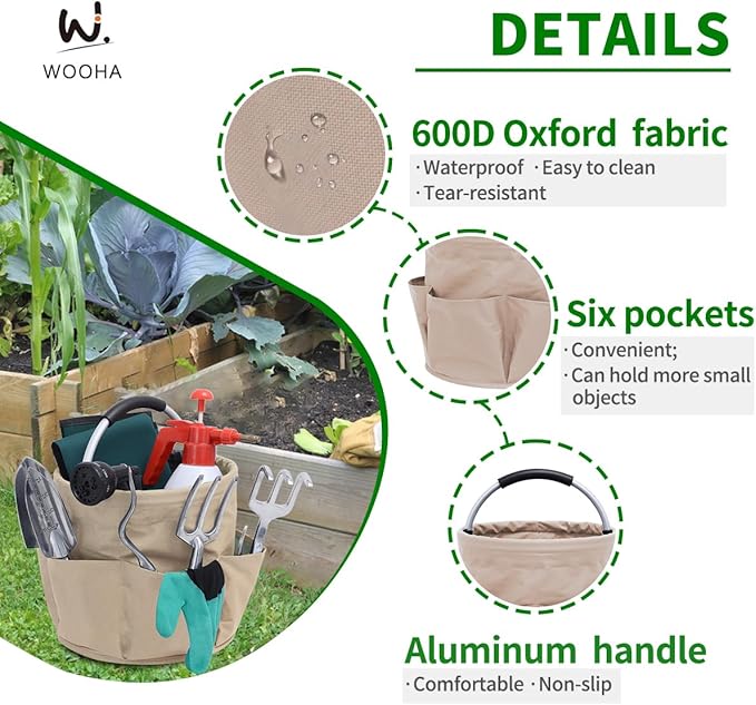WOOHA Garden Tool Organizer Bag 17L Collapsible Tool Bag Foldable Tool Organizer Outdoor Camping Garden Harvest Basket Cleaning Supply Caddy with Handle for Home Bathroom Storage Bath Wash Bag（khaki）