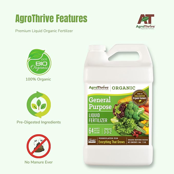 AgroThrive All Purpose Organic Liquid Fertilizer - 3-3-2 NPK (ATGP1320) (2.5 Gal) for Lawns, Vegetables, Greenhouses, Herbs and Everything Else that Grows