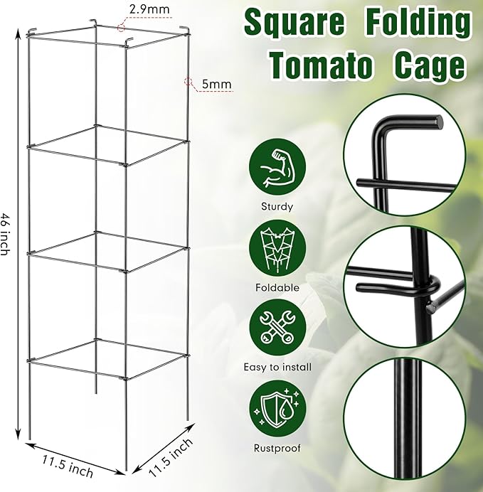 Hicarer 16 Pack Square Tomato Cage Heavy Duty Tomato Cages for Garden Vegetable Plant Trellis Stakes Plant Support Stake Tower for Climbing Vegetables Plants Flowers Fruit (11.5 x 46 Inches,Black)