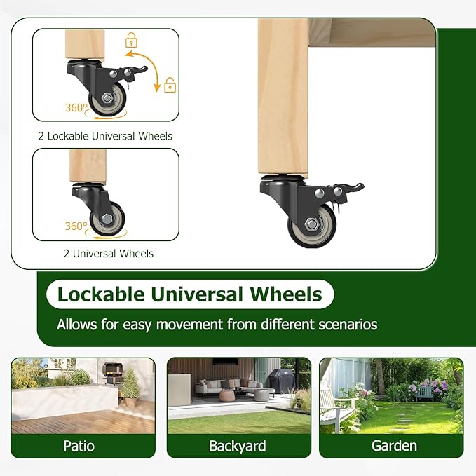 Giantex Mobile Raised Garden Bed, Wood Planter Box with Wheels, Storage Shelf & Liner, 47”x23”x33” Rolling Raised Bed for Indoor Outdoor Plants, Vegetables Flower Herbs Fruit Gardening