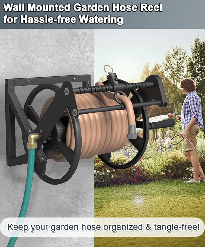 Wall Mounted Reciprocating Garden Hose Reel with Hose Guide, Outdoor Heavy Duty Metal Water Hose Holder Storage Rack Holds 125ft of 5/8'' Hose with Brass Fitting & 3.9ft Leader Hose, Black