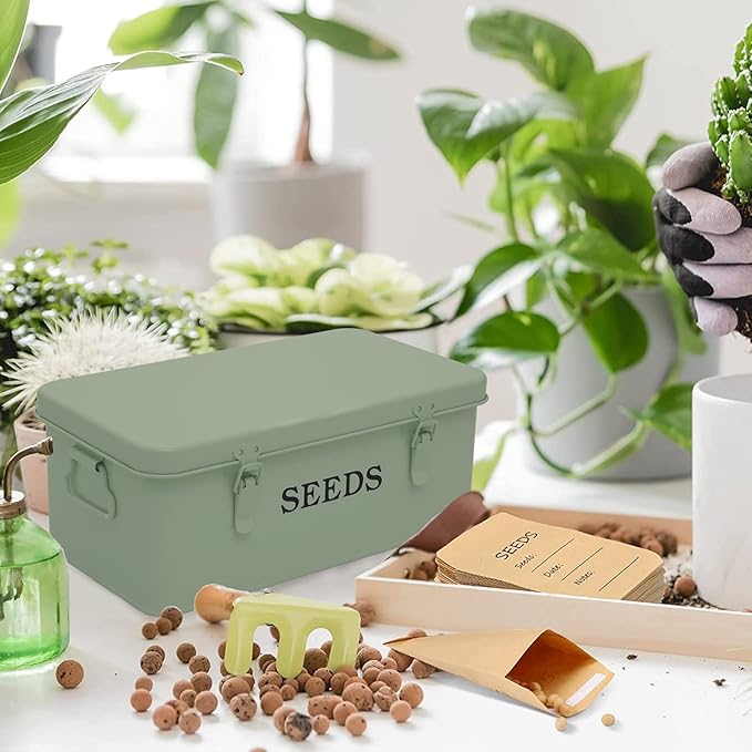 Seed Saving Box, Metal Seed Bin, Seed Storage Organizer Box, Seed Packet Container with Lid, Seed Envelope Storage Box, 4 Compartments Garden Seed Bin with Safety Locks-Green
