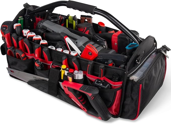 HAUTMEC 18.5" Heavy-Duty Tool Tote, 1680D Open Top Tool Bag with 39-Pockets, Rotating Steel Handle, Padded Shoulder Strap & Water-Resistant Base - HT0178