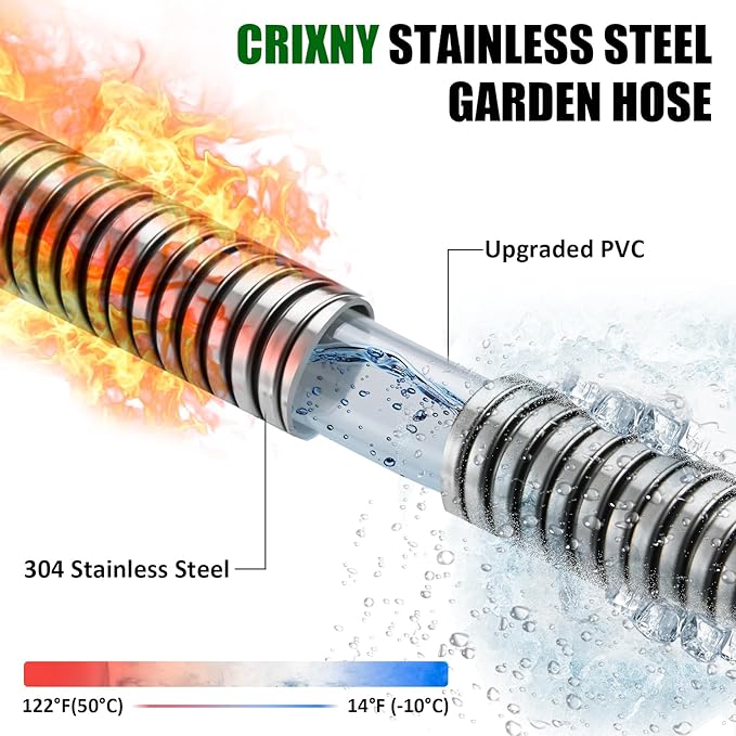 Garden Hose 50 ft, Stainless Steel Water Hose 50ft Heavy Duty with 10 Function Nozzle, Flexible No-Kink Metal Hose 50 Feet, Pet-Proof Water Pipe for Outside Yard