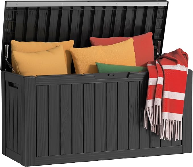 EasyUp 90 Gallon Outdoor Storage Box Waterproof, UV Resistant Resin Deck Box with Hydraulic Rod, Reinforced Stability for Patio, Garden, Striped Black