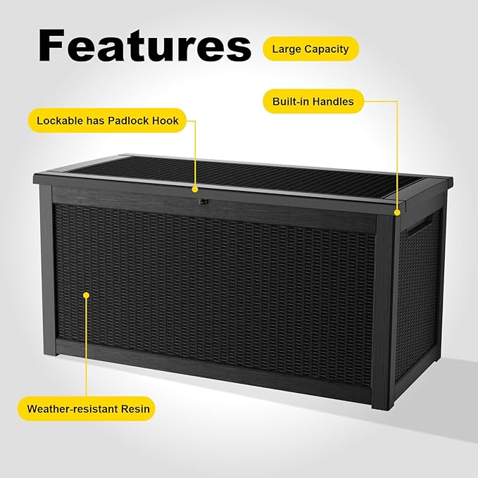 ROJIK 320 Gallon Waterproof Outdoor Deck Storage Box, Lockable Resin Patio Storage Bin with Lid for Garden Tools, Patio Cushions & Outdoor Accessories(Black)