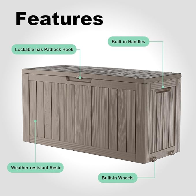 ROJIK 90 Gallon Waterproof Outdoor Deck Storage Box, Lockable Resin Patio Storage Bin with Lid for Garden Tools, Patio Cushions & Outdoor Accessories(Grey)