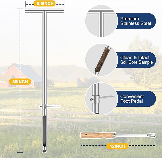 36 Inch Soil Sampler Probe, Stainless Steel Soil Core Sampling Tool with T-Handle, Heavy Duty Soil Probe for Lawn, Garden, Farm & Soil Testing