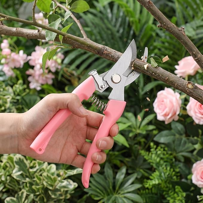 2 Pieces Garden Pruning Shears - Curved Pink Handle Scissors for Flower Cutting, Plant Trimming, Bonsai Care, and Fruit Picking - Heavy Duty 6.8-inch Gardening Tools
