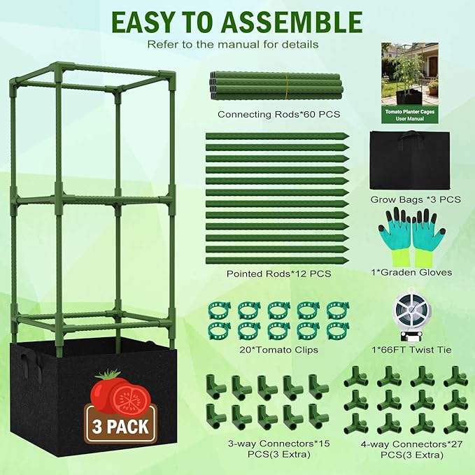 Uyittour 3 Pack Square Tomato Cages with Grow Bags, 45" Heavy Duty Square Tomato Trellis Plant Support for Raised Garden Bed Climbing Vegetables, Set with Garden Gloves, 20 Clips & 65FT Tie Wire