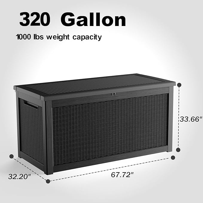 320 Gallon Large Resin Deck Box, Lockable Outdoor Storage Box for Patio Cushions Storage Furniture,Garden Tools, Pool Supplies, Weatherproof and UV Resistant (Black)