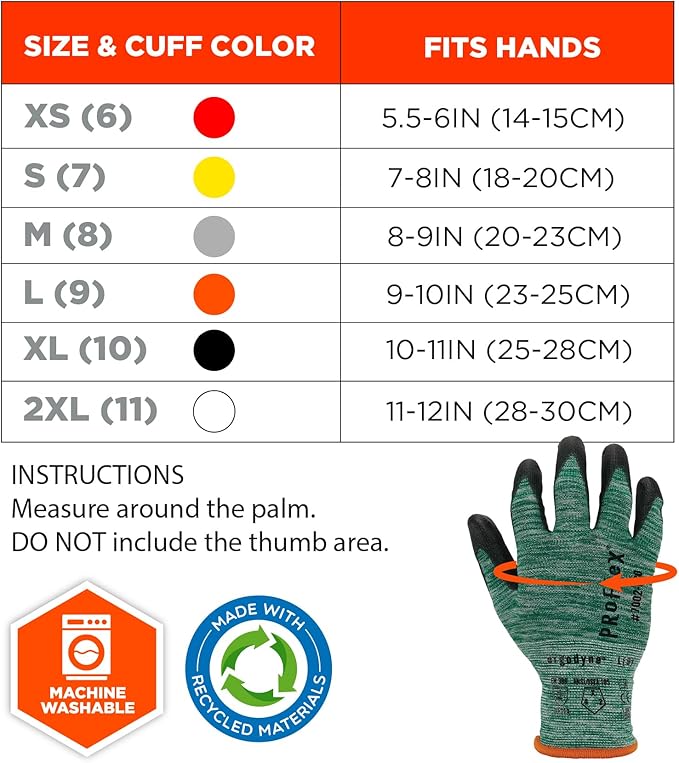 Ergodyne ProFlex 7002-ECO Work Glove, Recycled PU Coated Palms Gloves, Post Consumer Materials, 15 gauge, 12-Pack