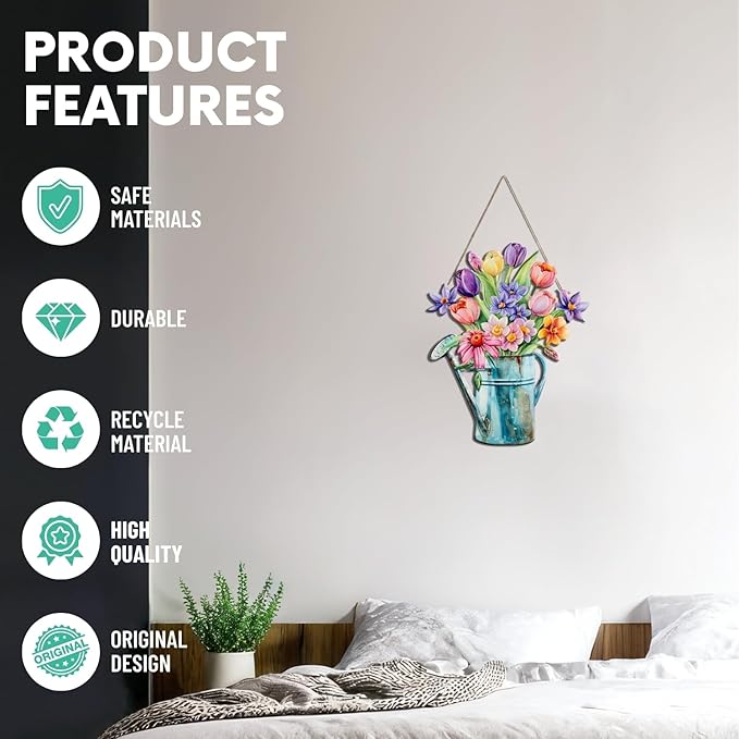 Quterhero Watering Can Flower Wall Decor, Metal Hanging Art for Indoor Outdoor Wall or Porch, Vintage Farmhouse Porch Decor Gift for Mom, Women, Friends (Tulip)