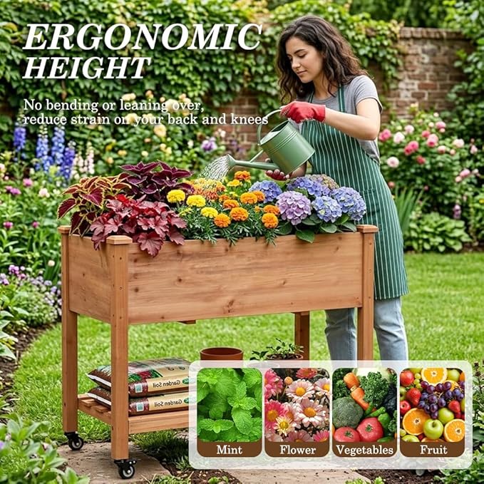 Raised Garden Bed with Lockable Wheels, 40x24x32 inch Elevated Wood Planter with Storage Shelf Protective Liner for Vegetable Flower Herb Outdoor Balcony Patio Backyard, Brown