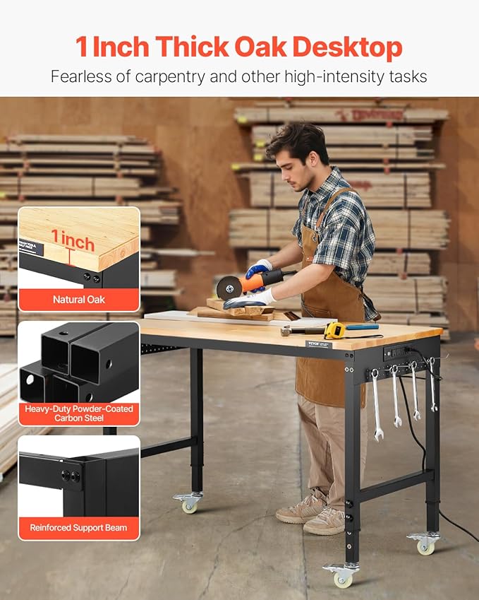 VEVOR Adjustable Workbench, 48-Inch Work Bench with Power Outlet, Wheels, and Pegboard, 2000 lbs Load Heavy Duty Oak Wood Top Work Table for Garage, Workshop, Office, and Home