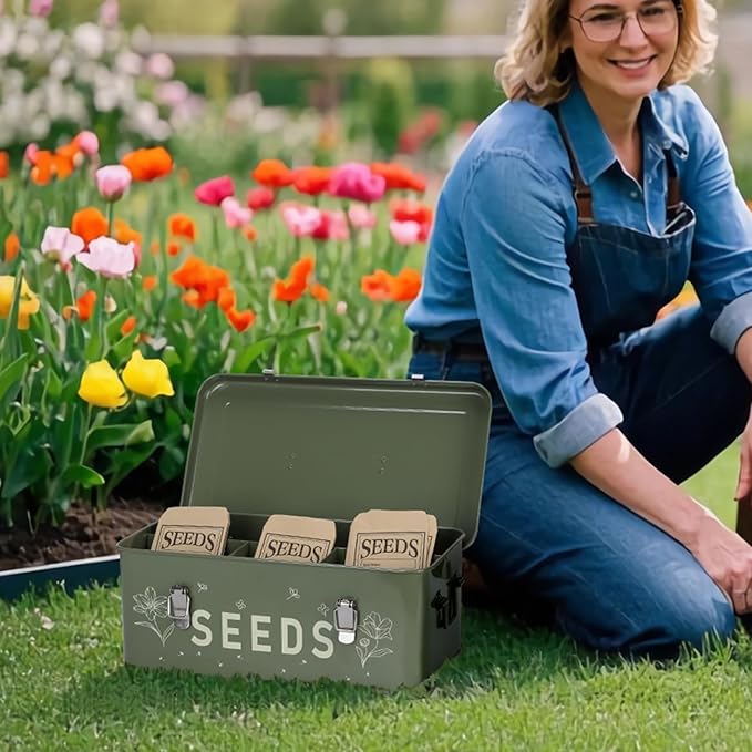 Seed Storage Organizer with Lid, Metal Seed Bin Seed Packet Container with 100 Plant Labels 50 Seed Envelopes 50 Plant Clips 1 Marker Pen, 4 Compartments Box with Locks