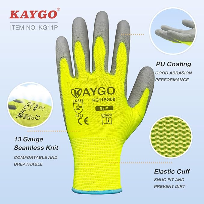 KAYGO Work Gloves for Men and Women,12 Pairs Seamless Knit PU Coated Safety Gloves, with Smooth Grip on Palm and Fingers, Ideal for Light Warehouse, Manufacturing, Gardening, KG11P (2XL,Green)