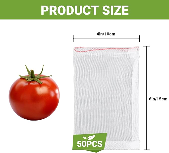 Fruit Protect Bags, 50pcs 4x6 in Garden Netting Bags with Drawstring Against Fruits Flies Bugs Birds Insects, Fruit Tree Bags for Protecting Apple Tomato Peach Figs Guavas Citrus