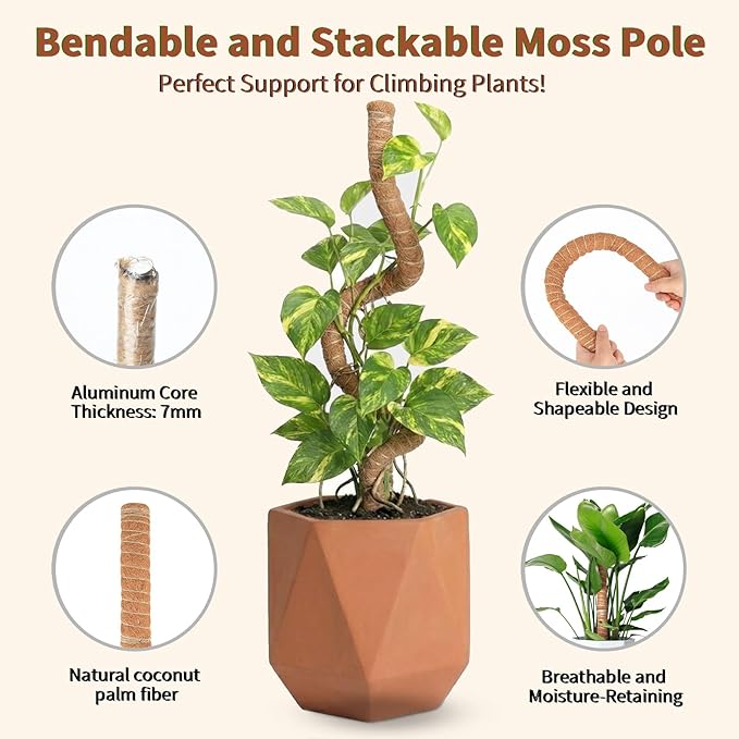 Moss Pole Monstera Plant Support, All Growth Stages, Two 28'' Bendable Poles & Two 12'' Stackable Coir Poles, 7mm Aluminum Core Houseplant Support Stakes, Indoor Trellis Accessories for Monstera