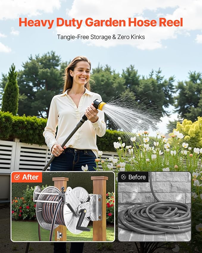 VEVOR Stainless Steel Garden Hose Reel Wall/Floor Mounted, Heavy Duty Manual Hose Winder Holds 150 ft 5/8 in Water Hoses, Outdoor Reel with Brass Fittings & 5 ft Leader Hose for Lawn, Yard, Garage