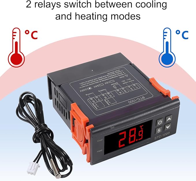 STC-1000 Digital Temperature Controller AC 10A 110V-220V Digital LED Temperature Controller Heating Cooling Centigrade Thermostat 2 Relays Output with NTC Sensor Probe 1pcs