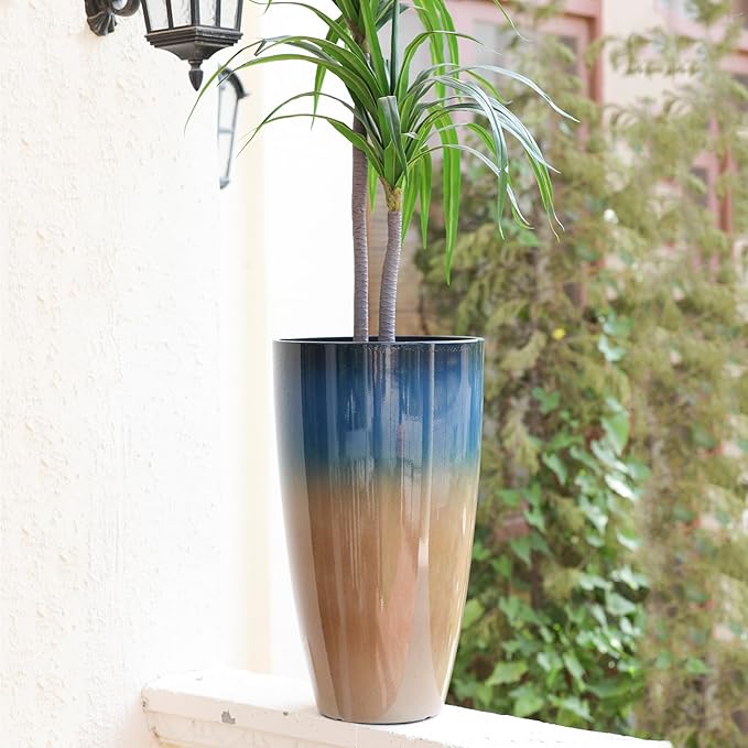 Tall Planters for Outdoor Plants, Heavy-Duty Plastic Lightweight Flower Pots Blue to Khaki Gradient Garden Pots Porch Planters Outdoor Set of 2 Gifts for Plant Lovers