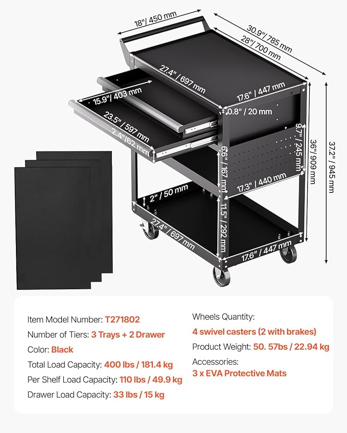 VEVOR 5-Tier Tool Cart with Wheels, 400 lbs Load Capacity, Rolling Work Cart with 2 Drawers & Pegboard, Mechanic Tool Storage Organizer with Locking System for Garage, Warehouse and Repair Shop, Black