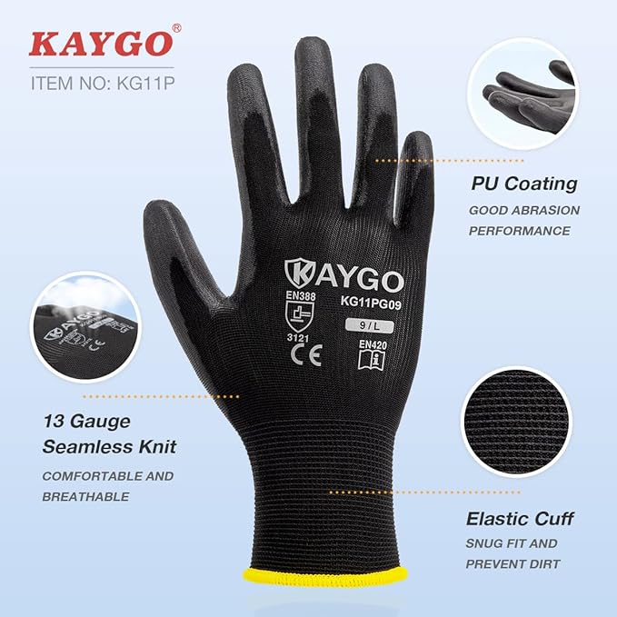 KAYGO Work Gloves for Men and Women, 60 Pairs Seamless Knit PU Coated Safety Gloves, with Smooth Grip on Palm and Fingers, Ideal for Light Warehouse, Manufacturing, Gardening, KG11P (M, Red)