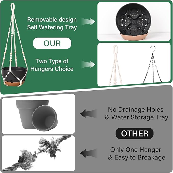 Hanging Planters for Indoor Plants, 2 Pack 8 Inch Self Watering Hanging Pots for Plants with Drainage Holes, Indoor Outdoor Hanging Flower Pots for Home Garden Ceiling Decor (Black)