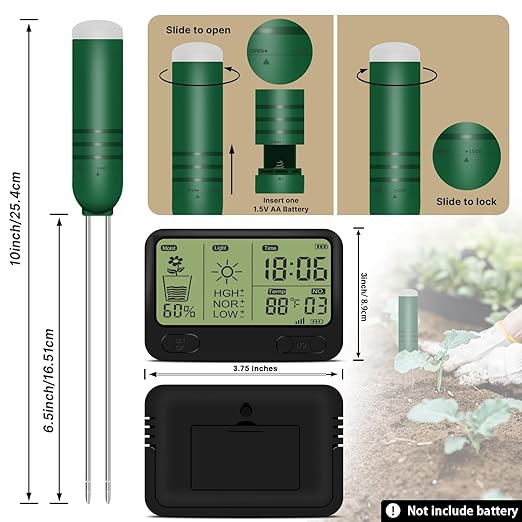 4-in-1 Wireless Soil Moisture Meter/Thermometer/Sunlight/Time,PH Paper, Waterproof Plant Moisture Sensor Meter with Digital LCD Display for Garden, Lawn and Indoor Plants