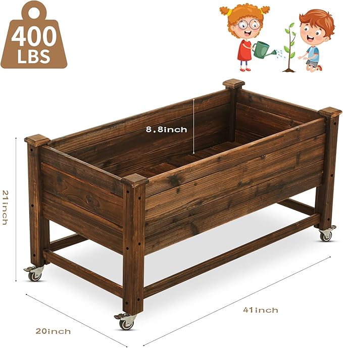 Raised Garden Bed 41x21x20-inch Mobile Elevated Wood Planter Lockable Wheels, Outdoor Wood Elevated Planter Box Kit Customized for Children（Brown）