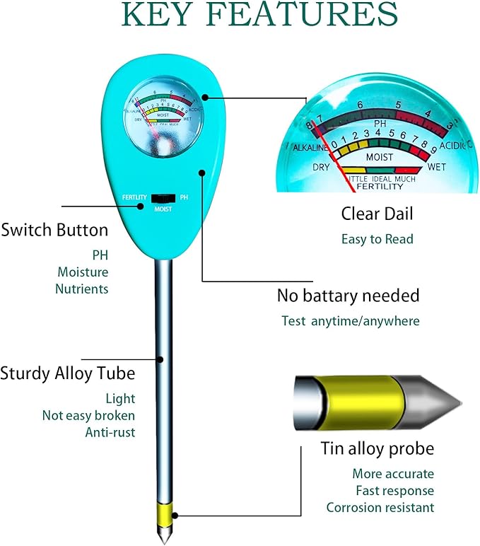 3-in-1 Soil Moisture PH&Moisture&Nutrients Meter and Tester, Upgraded Sturdy Probe for Garden, Lawn, Farm, Indoor & Outdoor Use,No Battery Required (w/rag)