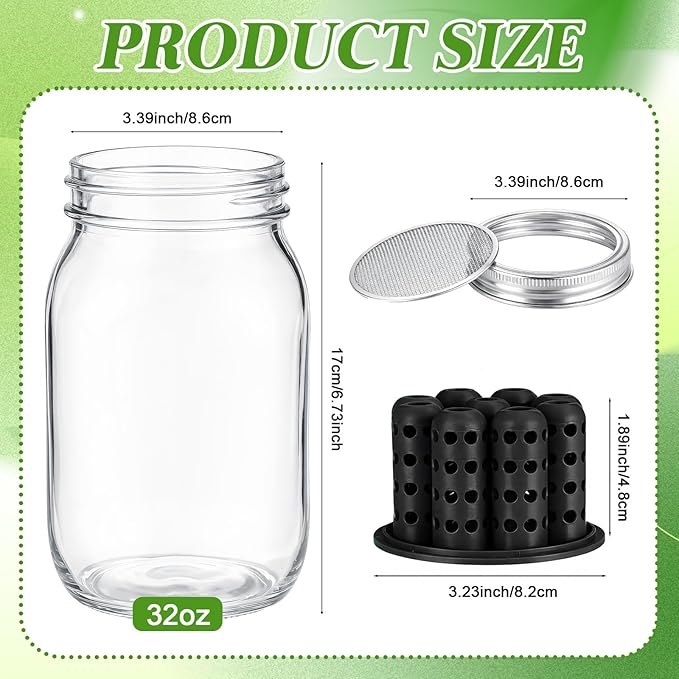 Seed Sprouting Set Green Onion Regrower Kit Includes Regrower Sprouting Lids and a Mouth Mason Jar for Sustainable Windowsill Gardens and Hydroponics for Growing Broccoli and Beans (Black)